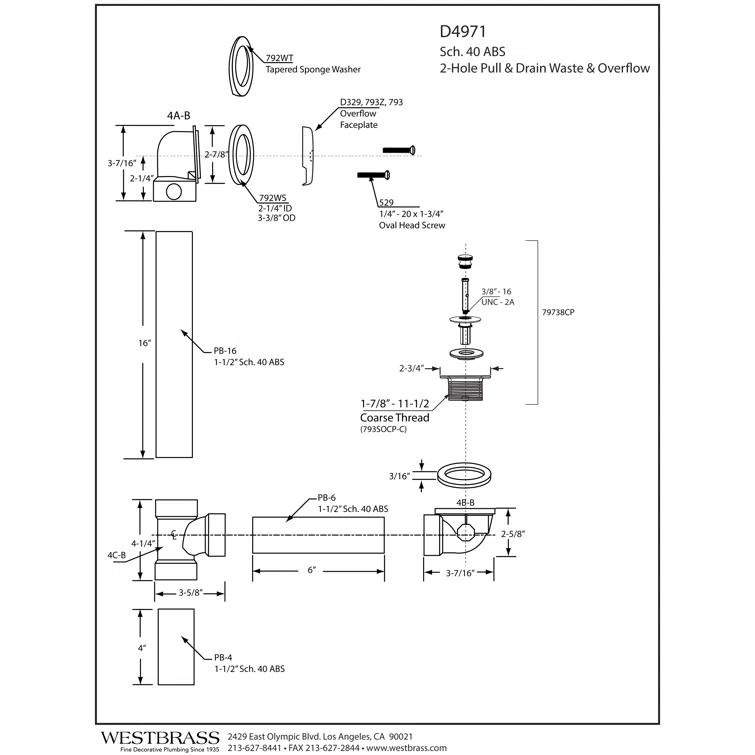 12 ABS Pull & Drain Bathtub Leg Drain Assembly with One-Hole Overflow