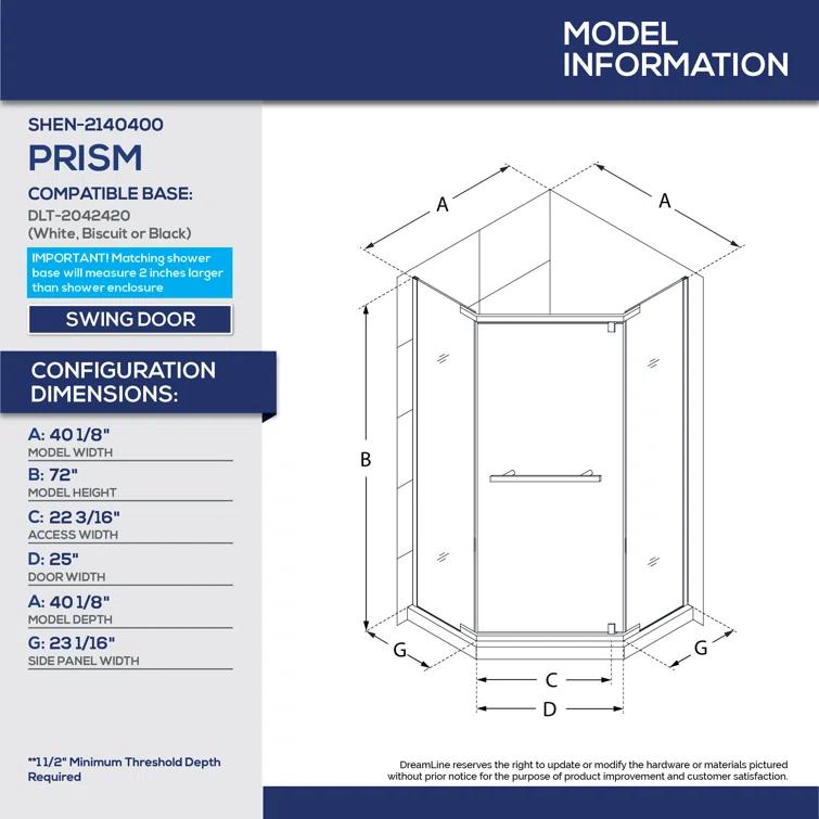 DreamLine Prism 42" x 74.75" Neo-Angle Pivot Shower Enclosure