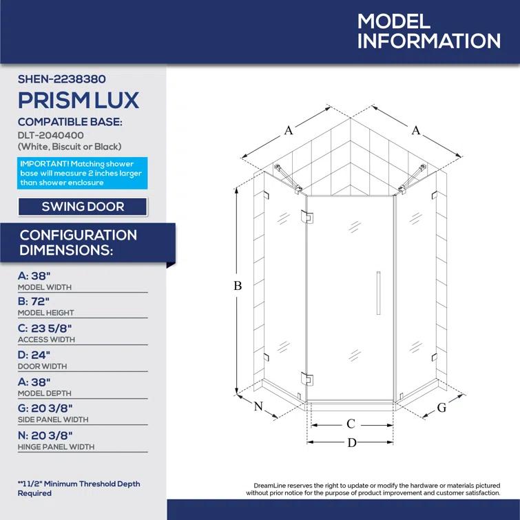 DreamLine Prism Lux 40" x 74.75" Neo-Angle Hinged Shower Enclosure with Base Included