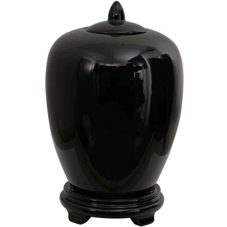Oriental Furniture 11" Solid Black Porcelain Vase Jar, Black, decorative item, oriental design, living room