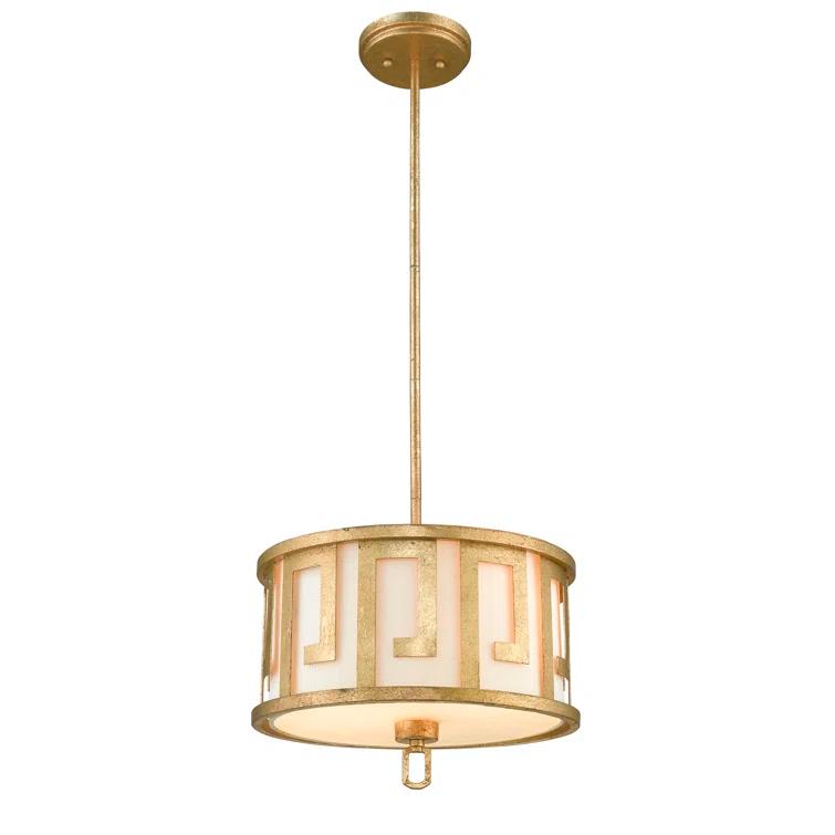 Distressed Gold Drum 2-Light Pendant with Fabric Shade