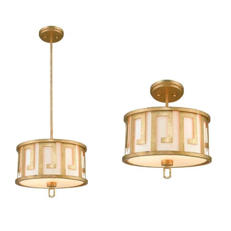 Distressed Gold Drum 2-Light Pendant with Fabric Shade