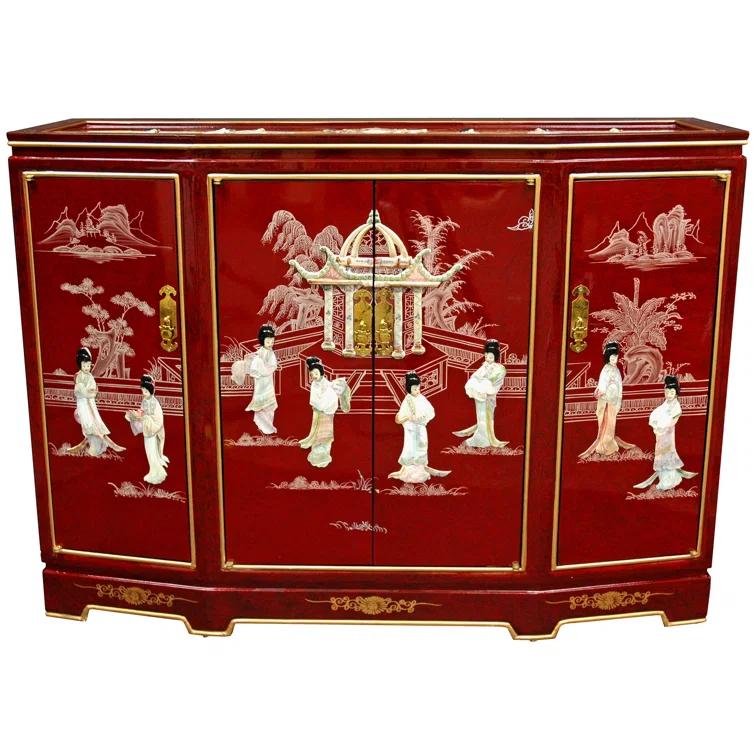 Oriental Furniture Slant Front Cabinet, Red color, 40.00"Wx 32.00"H