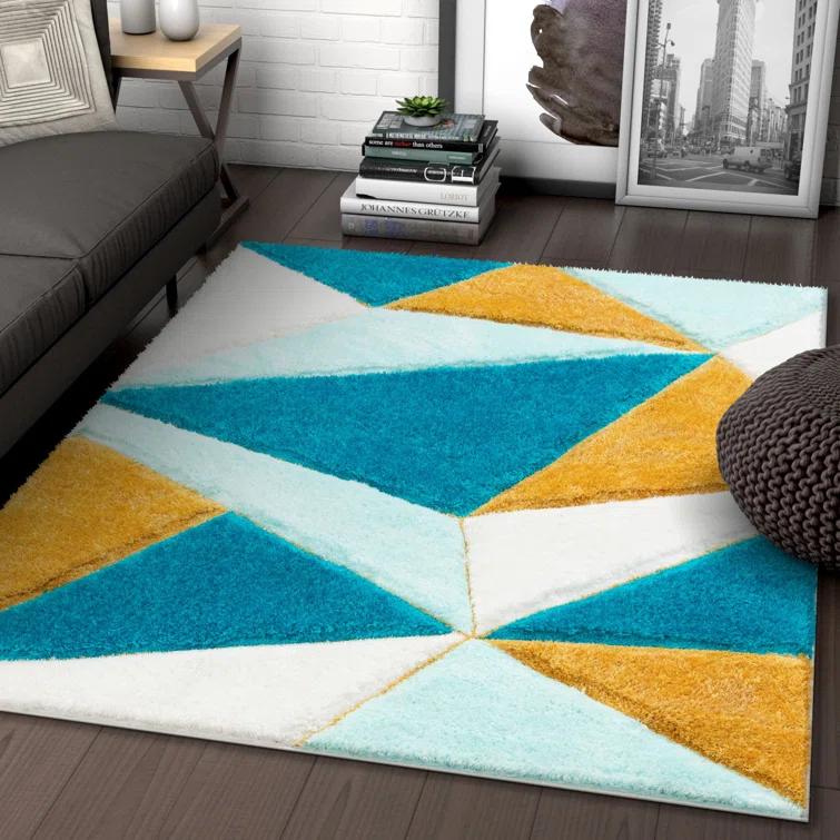 Cobina Geometric Shag Blue/Yellow Area Rug
