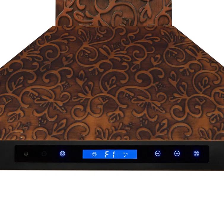 30-Inch Convertible Wall Mount Range Hood with Embossed Copper Vine Design, 343 CFM, 4 Fan Speeds, Touch Panel Controls, LED Lighting and Remote Control