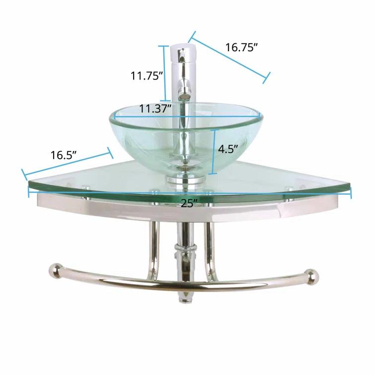 The Renovators Supply Inc. 10889 Round Corner Glass Wall Mount Bathroom Vessel Sink with Chrome Faucet Towel Bar
