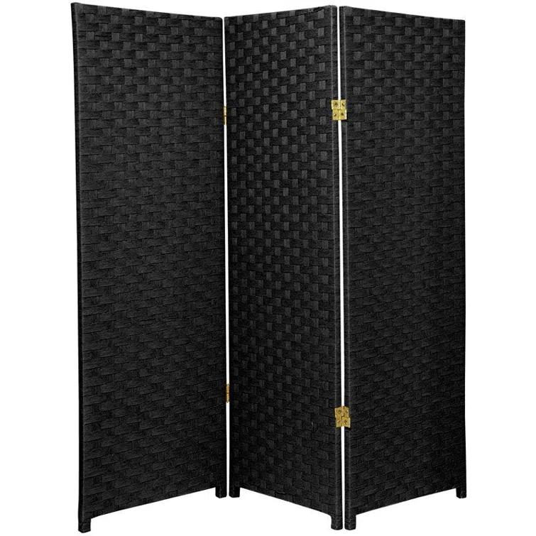4 ft. Tall Woven Fiber Room Divider - Black (3 Panels) - Oriental Furniture: Rattan-Style, Privacy Screen
