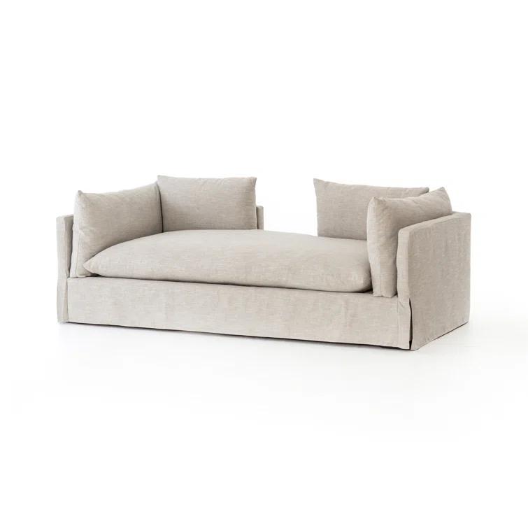 Beige Handcrafted Wood Stationary Sofa, 88-inch