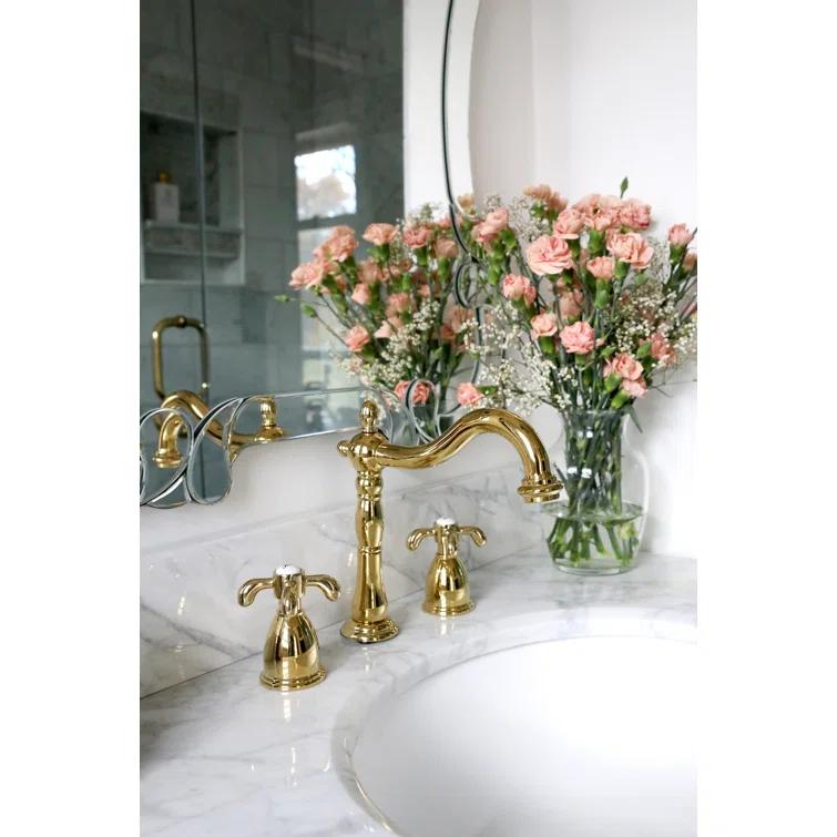 Kingston Brass French Country Two-Handle 3-Hole Deck Mount Widespread Bathroom Faucet with Pop-Up Drain