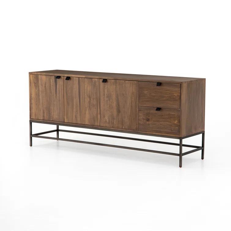 Auburn Poplar Wood 72" Sideboard with Leather Pulls and Iron Base