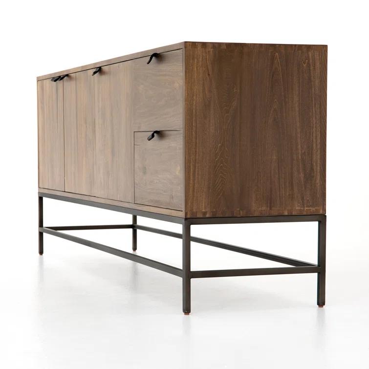 Auburn Poplar Wood 72" Sideboard with Leather Pulls and Iron Base
