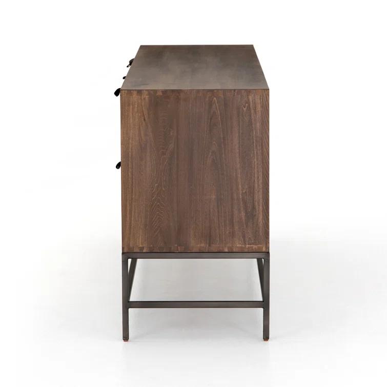 Auburn Poplar Wood 72" Sideboard with Leather Pulls and Iron Base