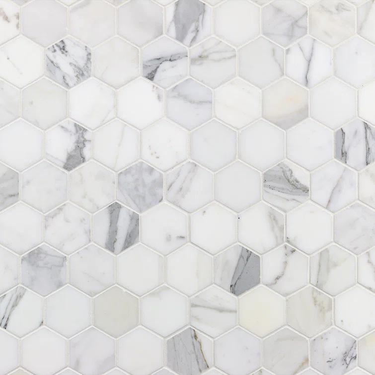 Hexagon Marble Mosaic Tile in White/Gray