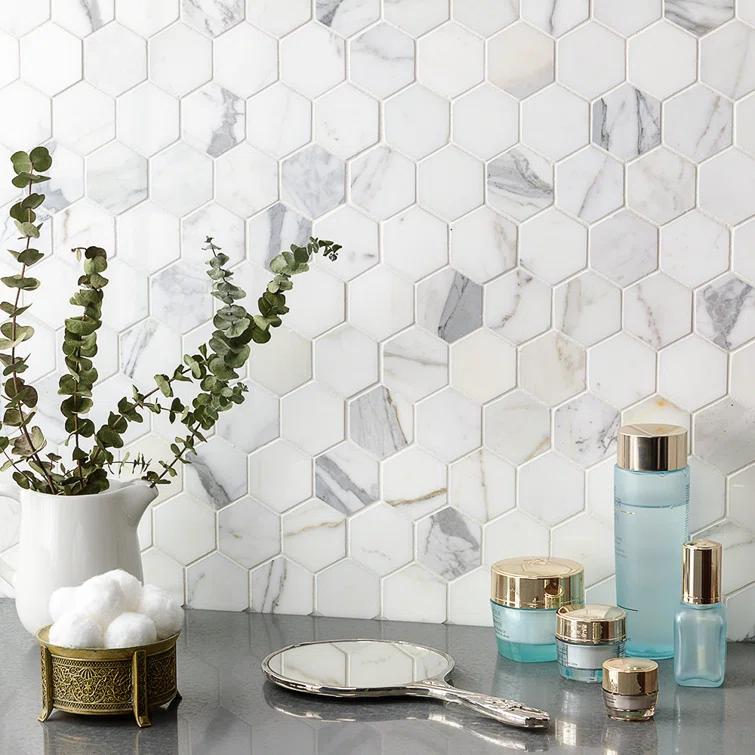 Hexagon Marble Mosaic Tile in White/Gray