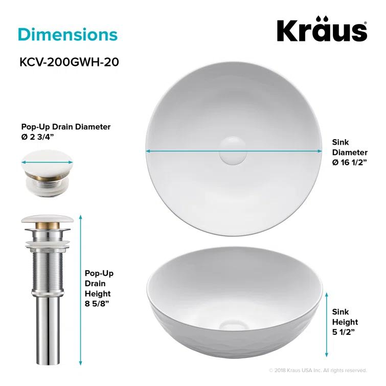 KRAUS Viva™ Thin Porcelain Ceramic Vessel Bathroom Sink with Pop-Up Drain