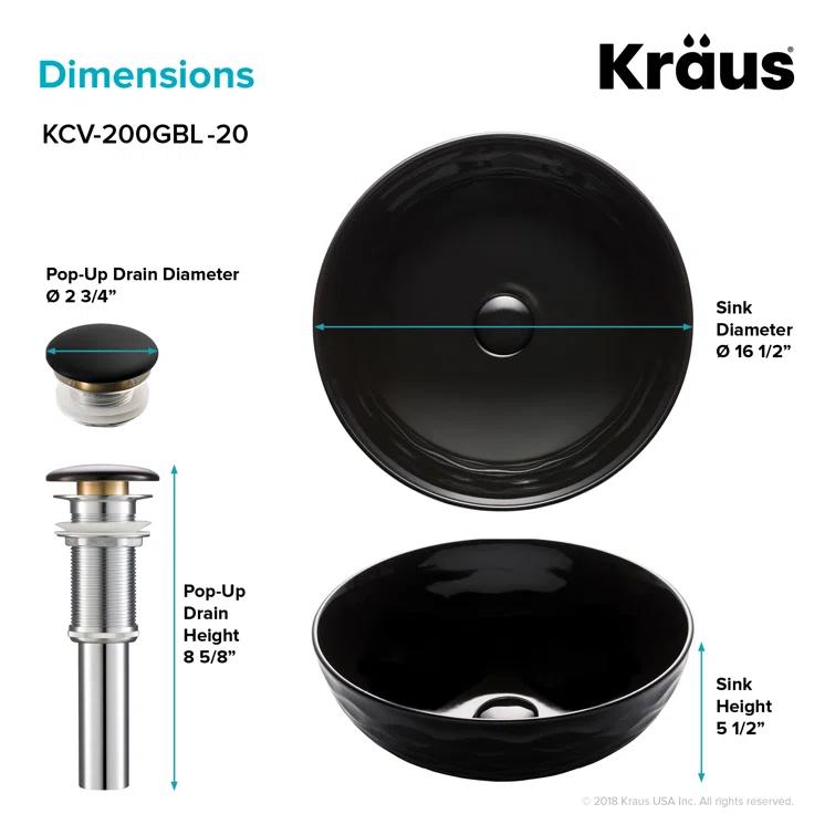 KRAUS Viva Thin Porcelain Ceramic Vessel Bathroom Sink with Pop-Up Drain