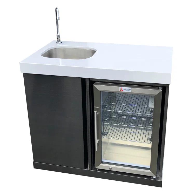 Mont Alpi MASF-SS Stainless Steel Beverage Center Cabinet Module + 2.7 Cubic Feet Wine Cooler Outdoor Rated Temperature Adjustable Compact Lockable Refrigerator + Faucet & Sink