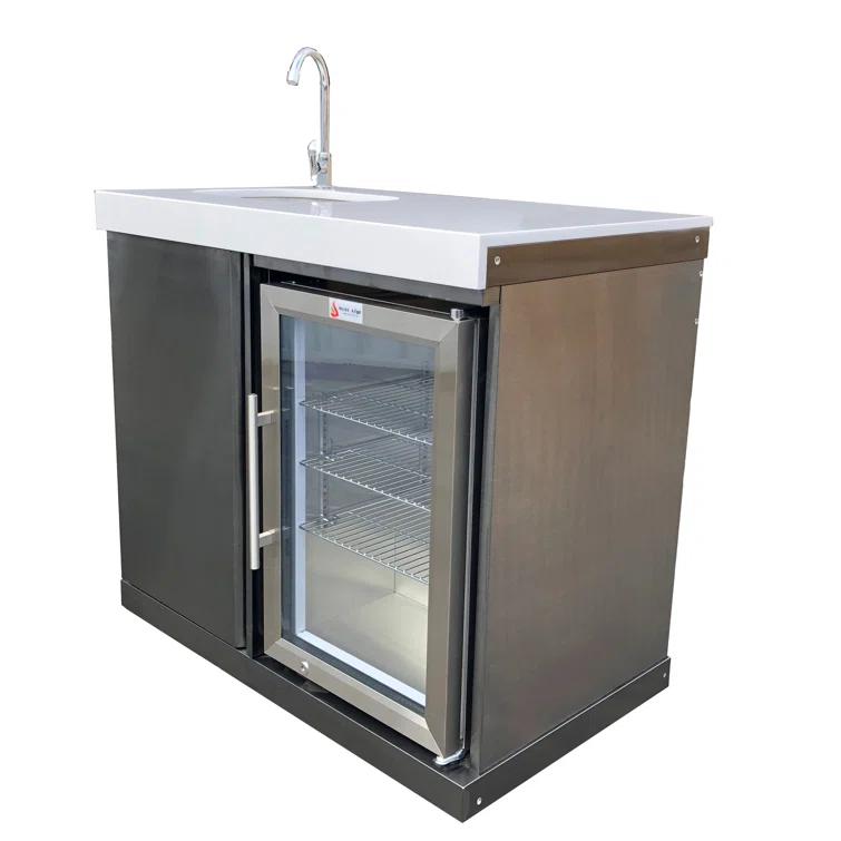 Mont Alpi MASF-SS Stainless Steel Beverage Center Cabinet Module + 2.7 Cubic Feet Wine Cooler Outdoor Rated Temperature Adjustable Compact Lockable Refrigerator + Faucet & Sink