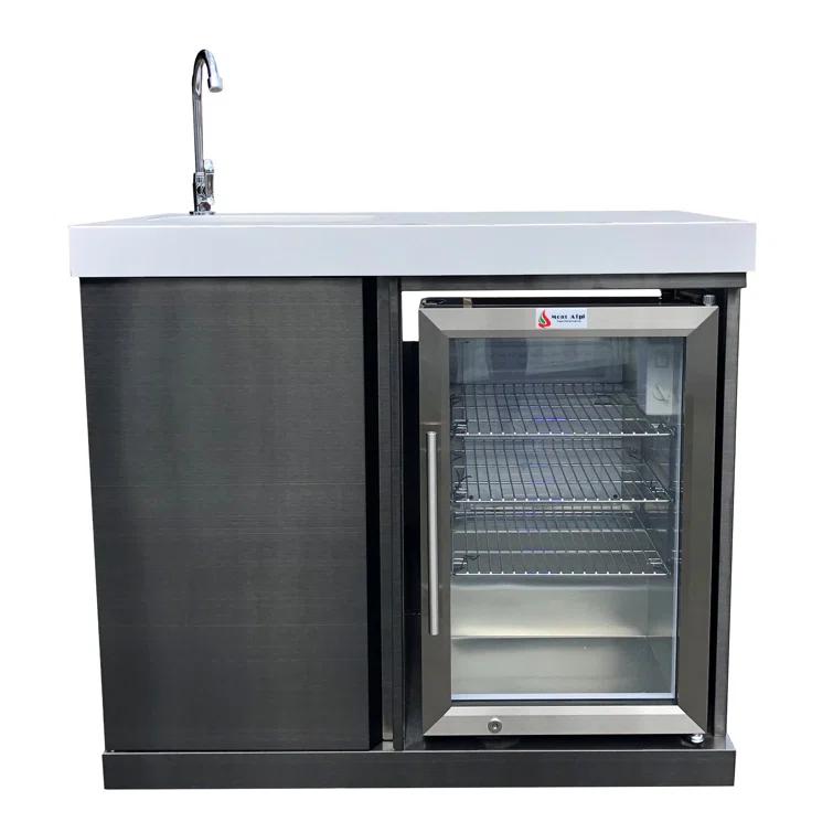 Mont Alpi MASF-SS Stainless Steel Beverage Center Cabinet Module + 2.7 Cubic Feet Wine Cooler Outdoor Rated Temperature Adjustable Compact Lockable Refrigerator + Faucet & Sink