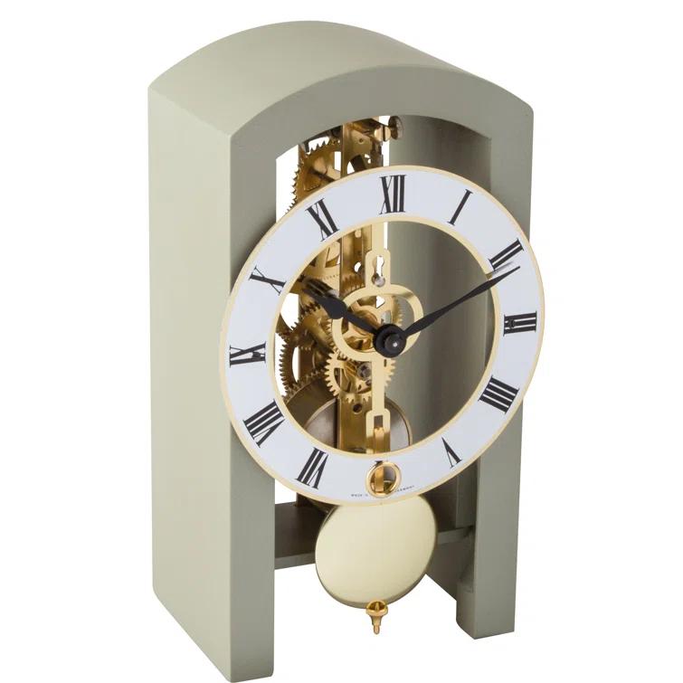 Gray and Gold Mechanical Table Clock with Open Design