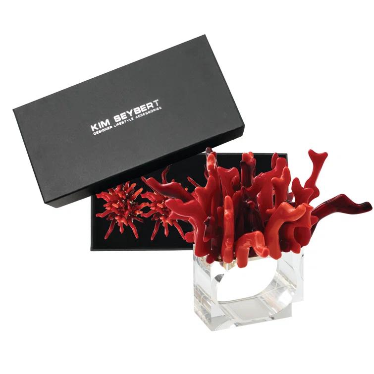 Coral and Clear Beaded Napkin Rings, Set of 4