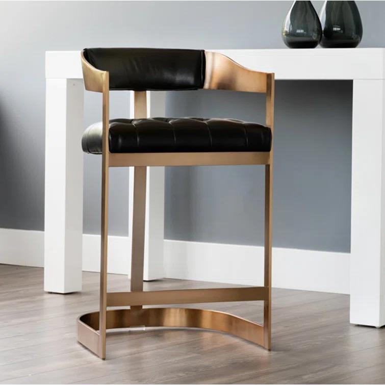 26" Antique Brass and Black Leather Counter Stool
