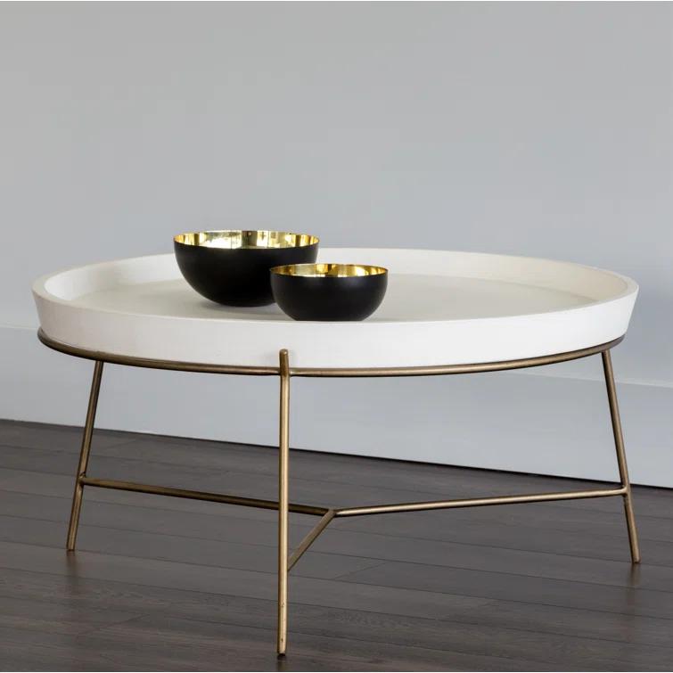 Sunpan Remy 31.5" Modern Metal Coffee Table with Tray-like Top in Brass/White