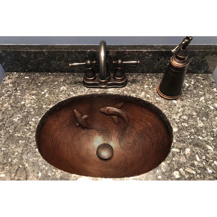 19" Oval Under Counter Hammered Copper Bathroom Sink with Koi Fish Design