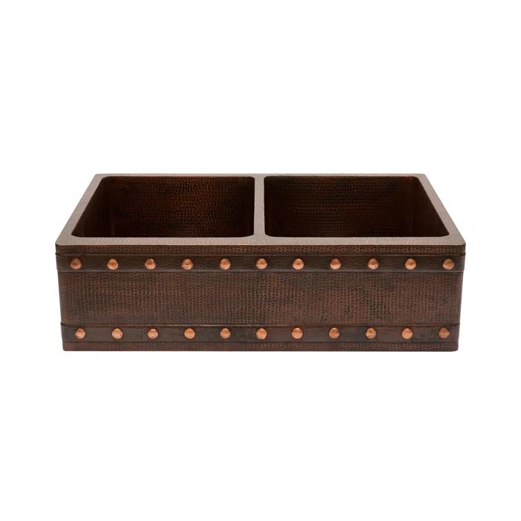 33" Hammered Copper Kitchen Apron 50/50 Double Basin Sink w/ Barrel Strap Design with Matching Drains, and Accessories