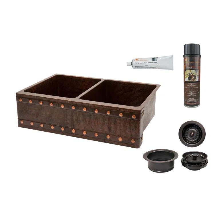33" Hammered Copper Kitchen Apron 50/50 Double Basin Sink w/ Barrel Strap Design with Matching Drains, and Accessories
