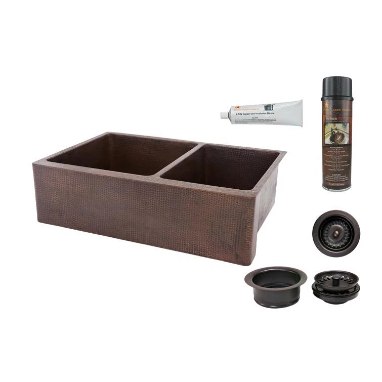 33" Hammered Copper Kitchen Apron 60/40 Double Basin Sink with Matching Drains, and Accessories