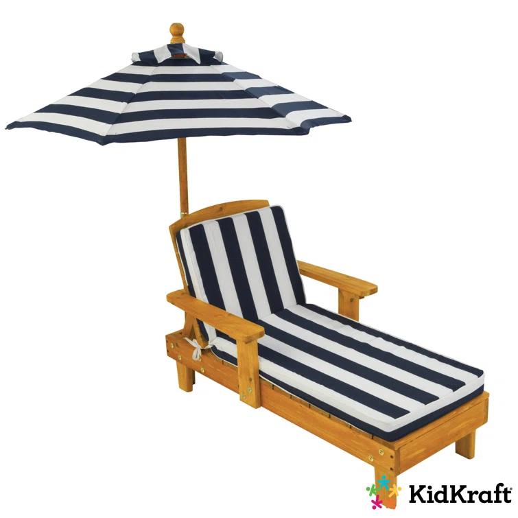 KidKraft Outdoor Wood Chaise Children's Chair with Umbrella and Cushion, Navy and White