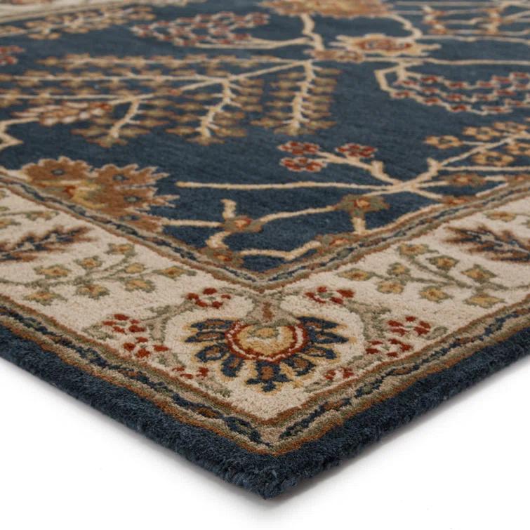 Poeme Wool Area Rug in Dark Blue/Cream/Orange