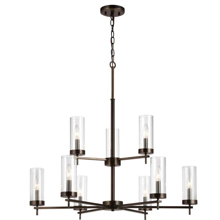 Elegant Minimalist 9-Light Brushed Bronze Chandelier with Clear Glass Shades