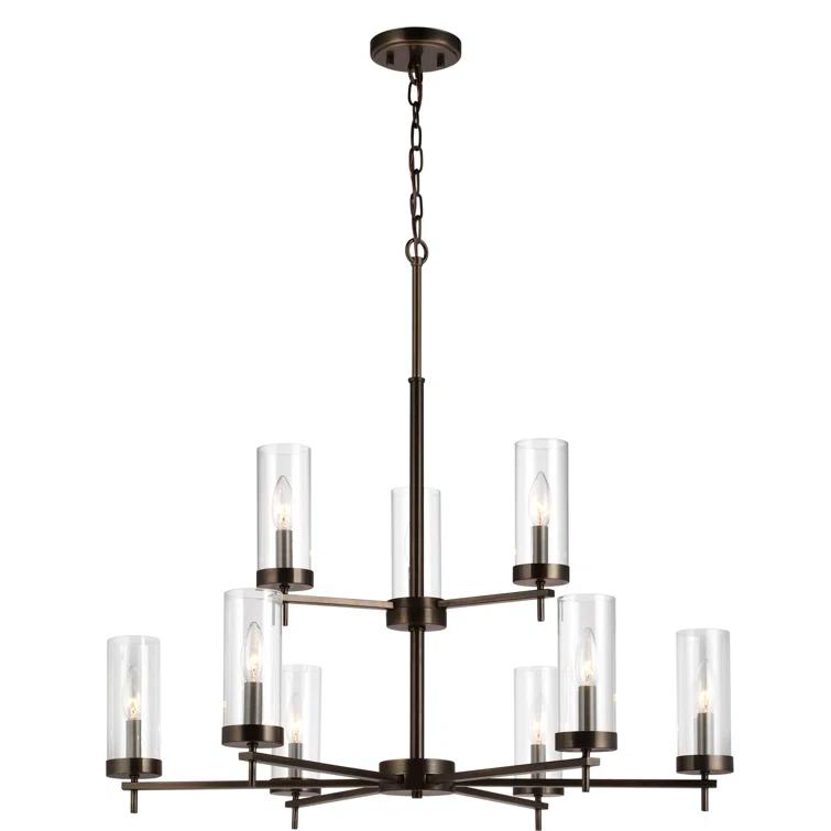 Elegant Minimalist 9-Light Brushed Bronze Chandelier with Clear Glass Shades