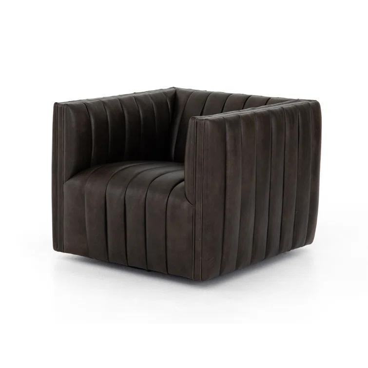 Deacon Wolf Genuine Leather 32" Modern Swivel Chair in Black
