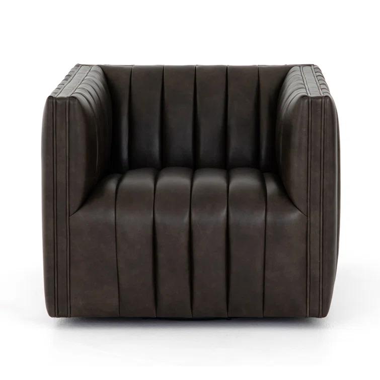 Deacon Wolf Genuine Leather 32" Modern Swivel Chair in Black