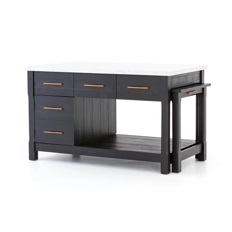 Elegant Black Acacia and White Marble 60" Kitchen Island