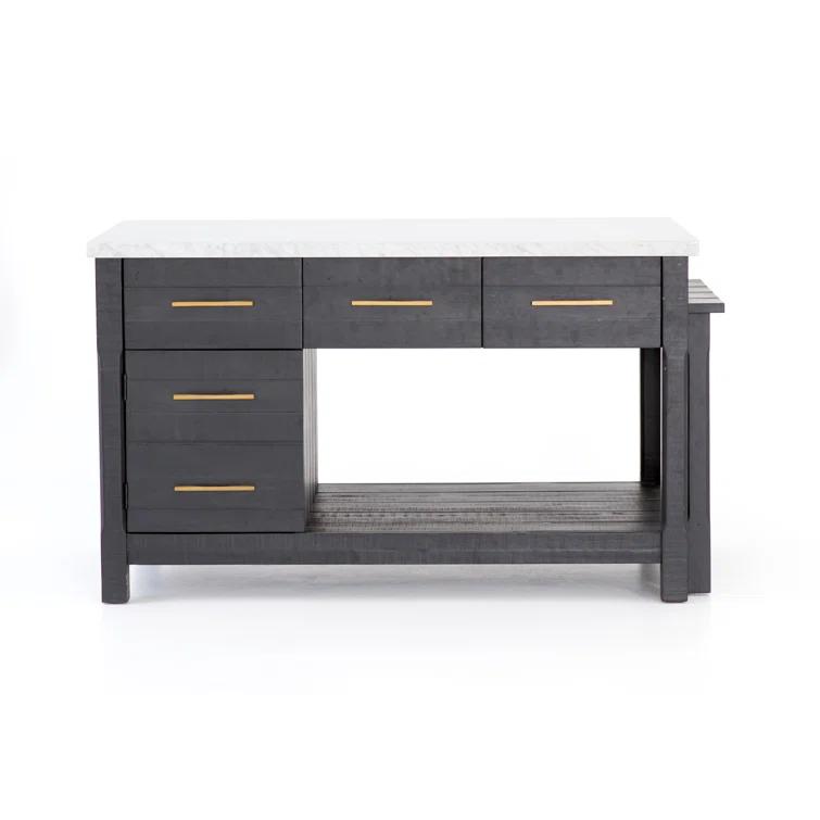 Elegant Black Acacia and White Marble 60" Kitchen Island