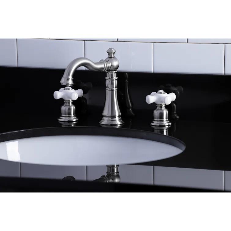 Kingston Brass American Classic Two-Handle 3-Hole Deck Mount Widespread Bathroom Faucet with Pop-Up Drain