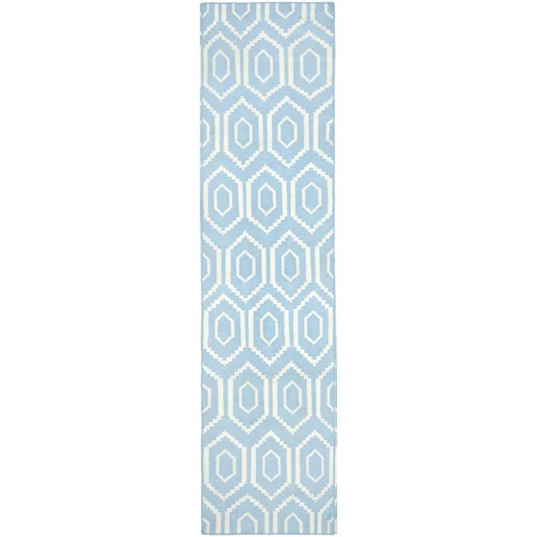 Dhurries Hand Woven Flat Weave Wool/Cotton Geometric Rug in Ivory/Blue