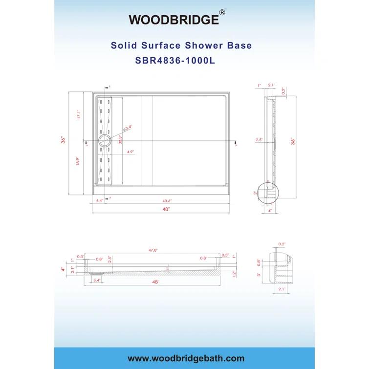WoodBridge 48" W x 36" Solid Surface Single Threshold Shower Pan Base with Drain Assembly & Drain Cover Included, Non-Slip SBR4836-1000 C