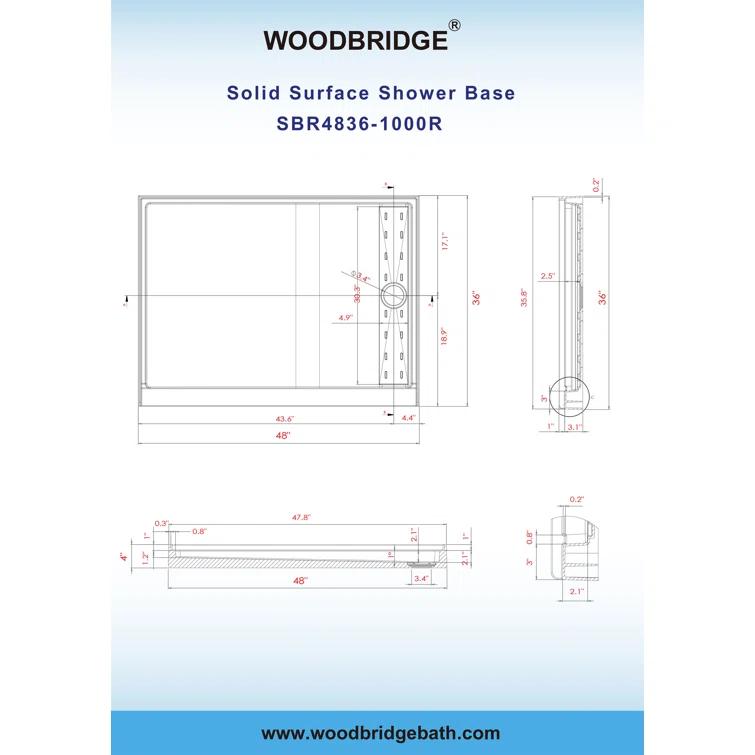 WoodBridge 48" W x 36" Solid Surface Single Threshold Shower Pan Base with Drain Assembly & Drain Cover Included, Non-Slip SBR4836-1000 C