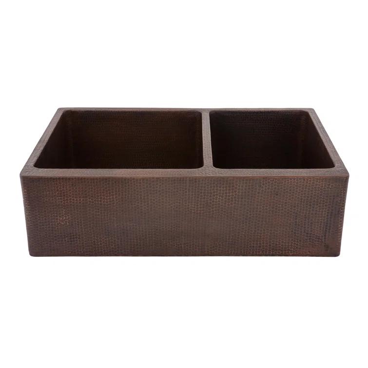 33" Hammered Copper Kitchen Apron 60/40 Double Basin Sink with Matching Drains, and Accessories