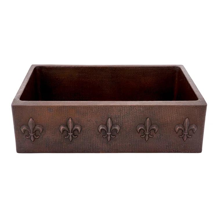 33" Hammered Copper Kitchen Apron Single Basin Sink w/ Fleur De Lis with Matching Drain and Accessories