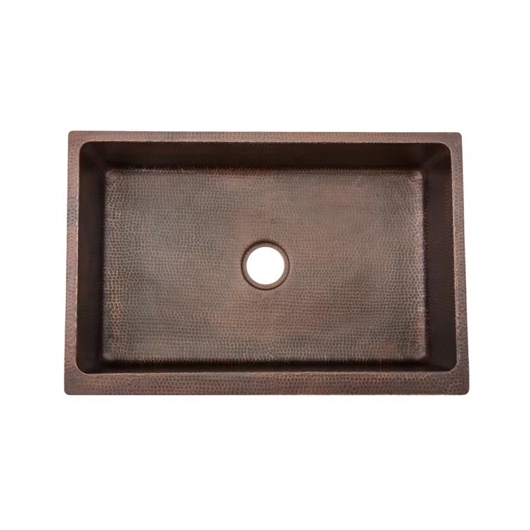 33" Hammered Copper Kitchen Apron Single Basin Sink w/ Fleur De Lis with Matching Drain and Accessories