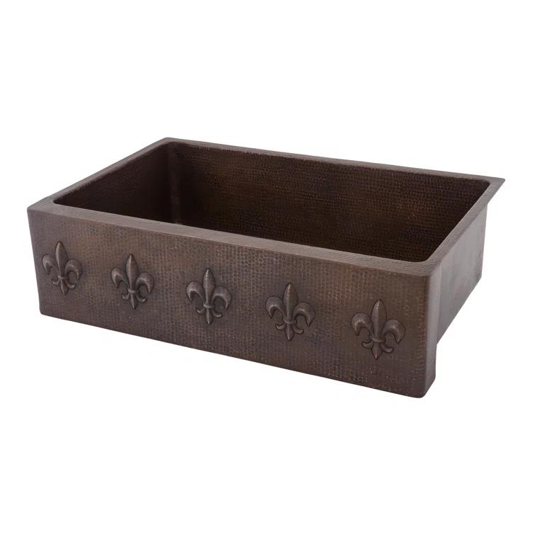 33" Hammered Copper Kitchen Apron Single Basin Sink w/ Fleur De Lis with Matching Drain and Accessories