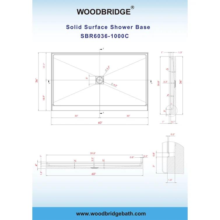 60" x 36" Solid Surface Single Threshold Shower Pan Base with Drain Assembly & Drain Cover Included, Non-Slip