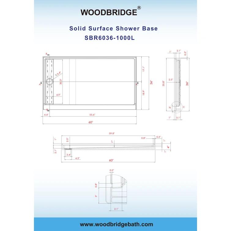 60" x 36" Solid Surface Single Threshold Shower Pan Base with Drain Assembly & Drain Cover Included, Non-Slip