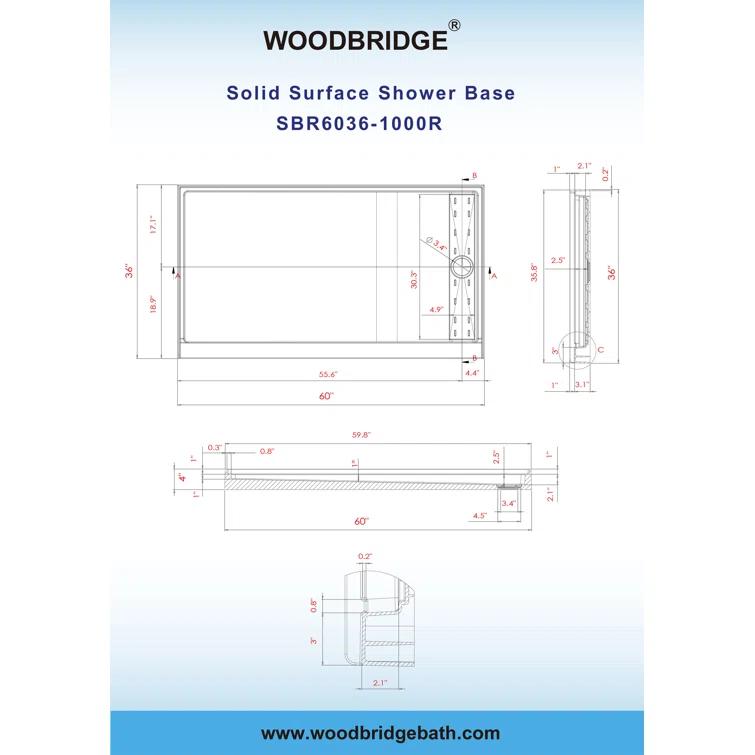 60" x 36" Solid Surface Single Threshold Shower Pan Base with Drain Assembly & Drain Cover Included, Non-Slip